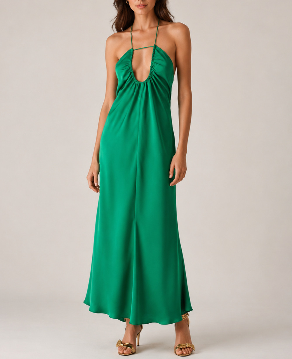 Ba&sh Bradie Green Satin Halter Neck Slip Maxi Dress Size XS